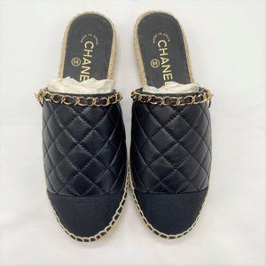 Chanel Black Quilted Lambskin Espadrille Mules w/Gold Chain Accent and CC Charm